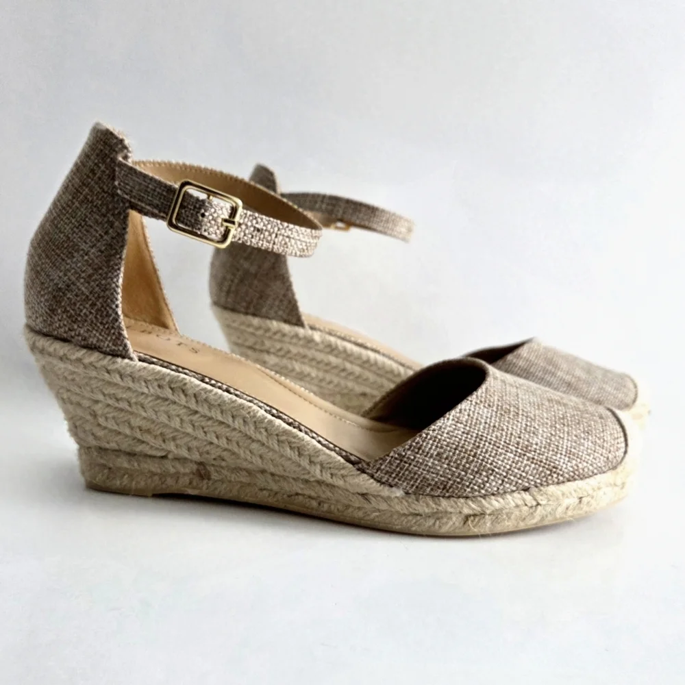 Talbots New Espadrille Wedge Heels With Ankle Strap, Brown, Tan, & Gold, Size 8